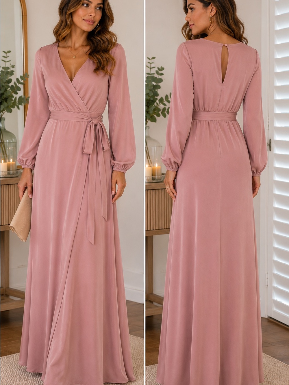 RSVP Sugar Lips Mauve Wrap Maxi Dress Long Sleeve Formal Wedding Guest XS NWT